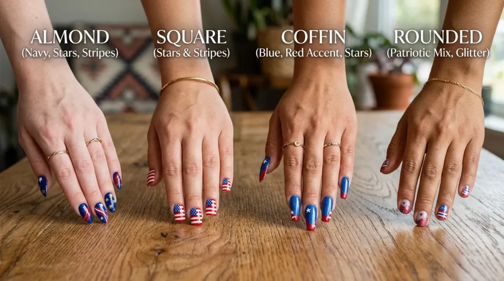 Different nail shapes suitable for patriotic nail art