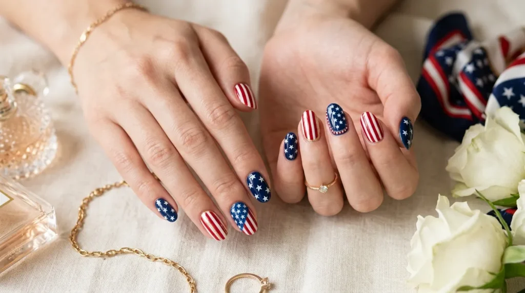 Fourth of July Nails featuring American flag nail art