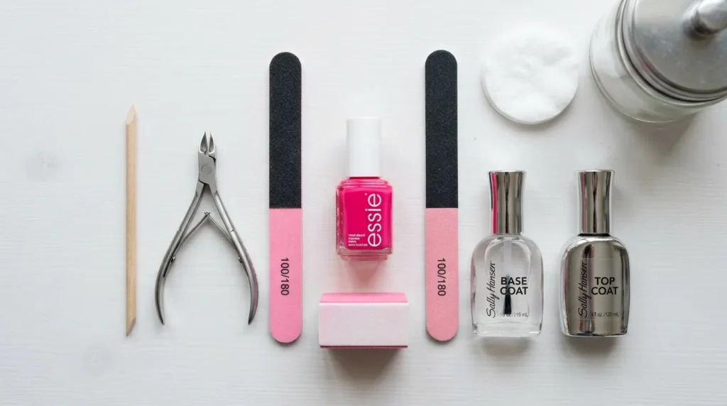 Essential nail tools needed for creating hot pink nail designs at home