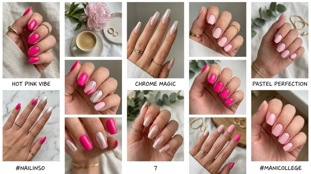 Hot pink nail designs paired with nude white and chrome colors
