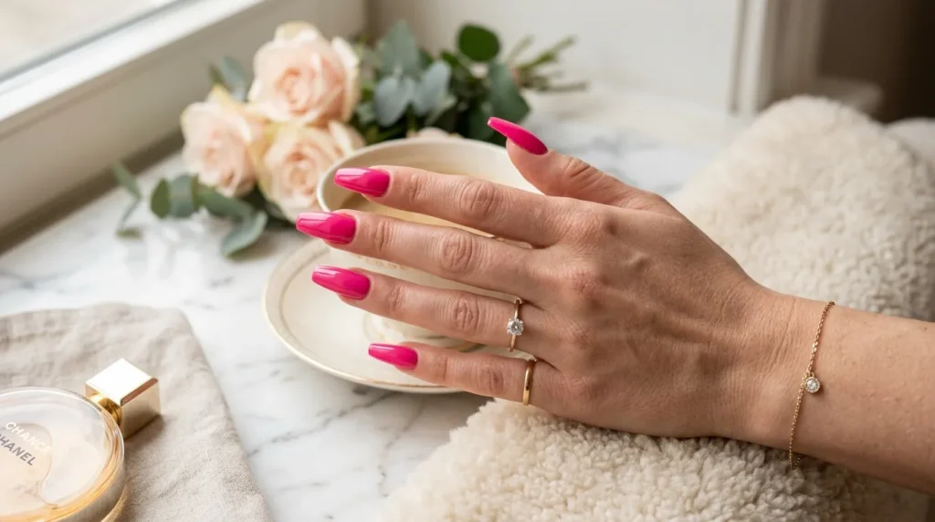 Long coffin nails with glossy bright polish