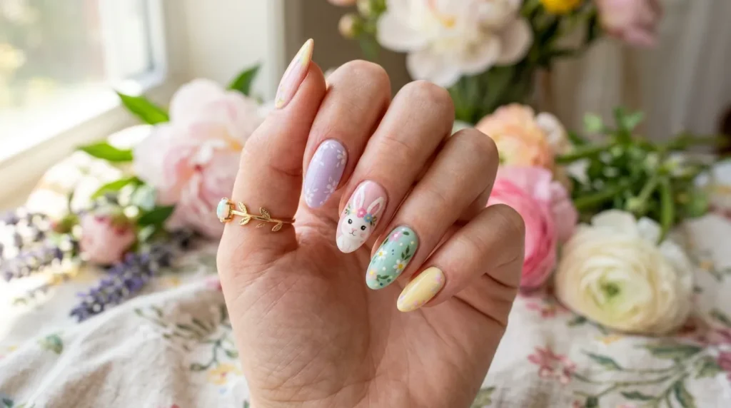 Bunny inspired nail art on pastel manicure