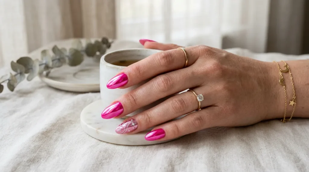 Metallic chrome manicure with reflective finish