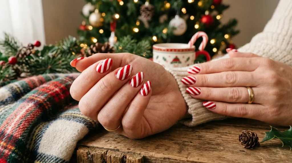 Red and white striped festive manicure
