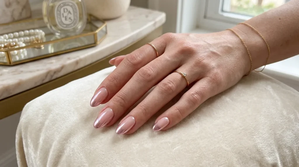 Soft pink French manicure with subtle chrome shine