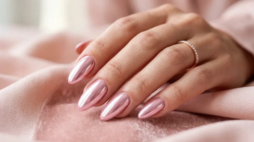 Chrome baby pink nails with glossy finish