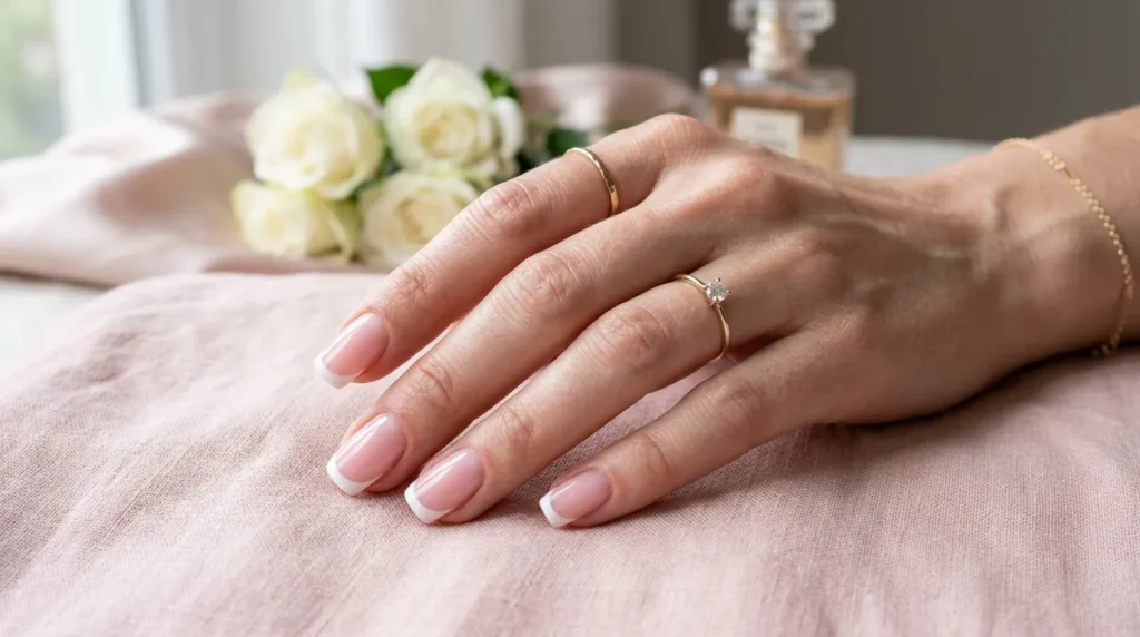 Classic French manicure with pale pink base and white tips