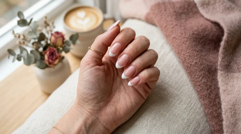 Glossy soft pink French manicure on almond shaped nails