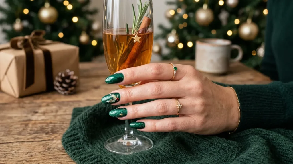Dark green festive manicure with glossy finish