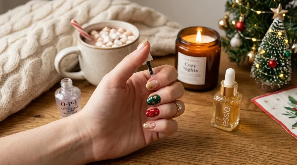 Applying protective top coat over festive manicure