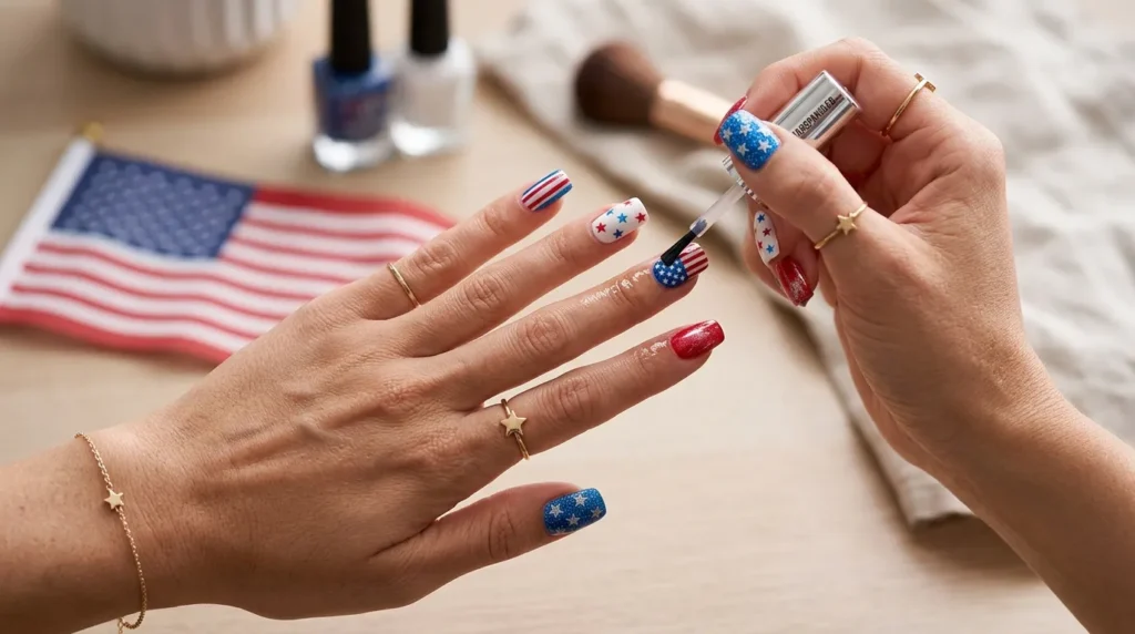 Applying top coat to protect patriotic manicure