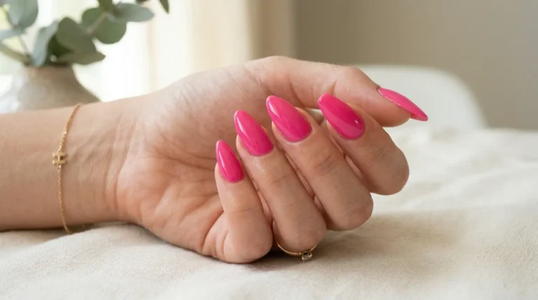 Glossy pink manicure on almond shaped nails