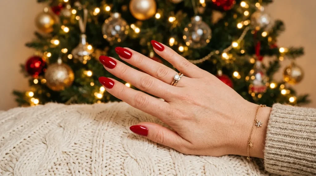Glossy red festive manicure on almond nails