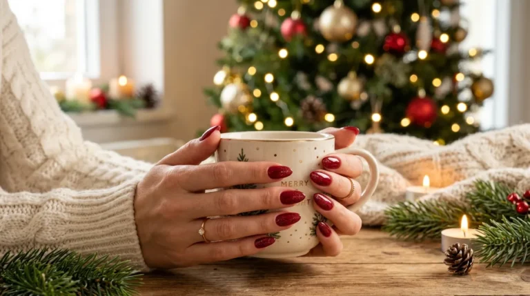 Festive manicure with red glitter and winter nail art