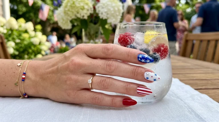 Fourth of July Nails with patriotic red white and blue design