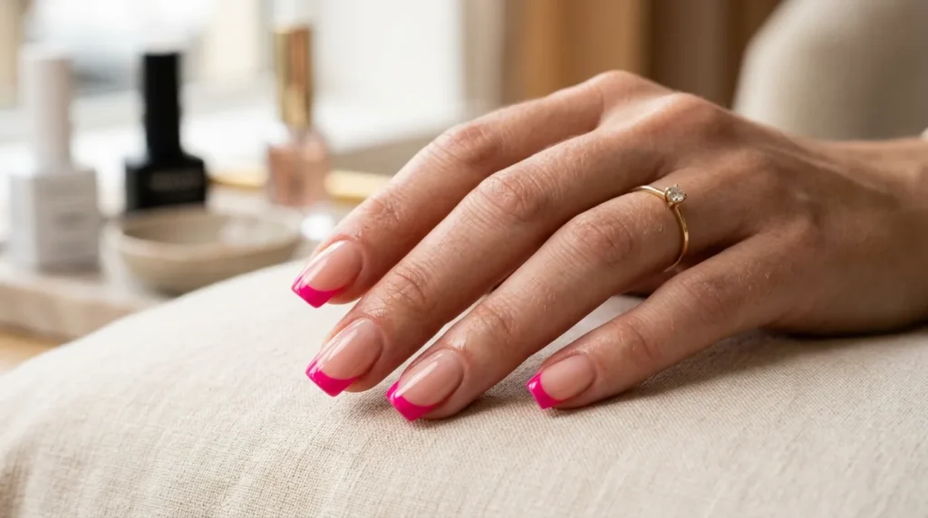 Pink French tip manicure on natural hand pose