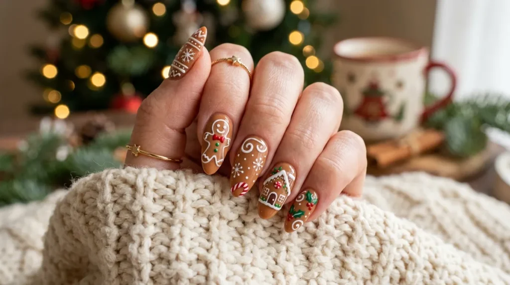 Playful holiday manicure inspired by gingerbread theme