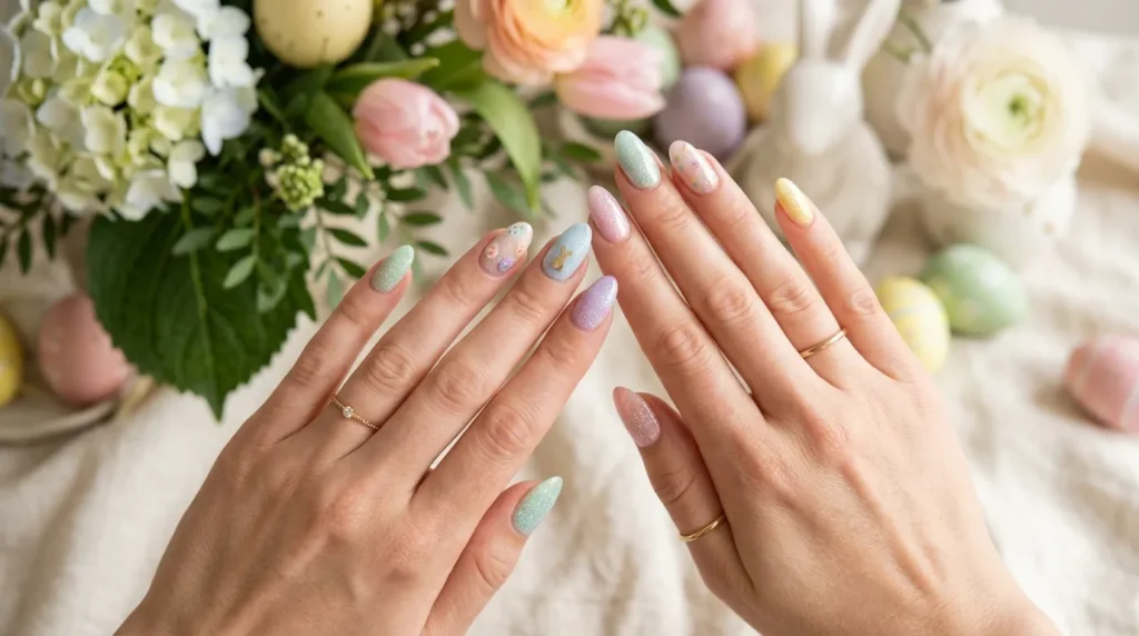 Soft glitter manicure with pastel spring colors