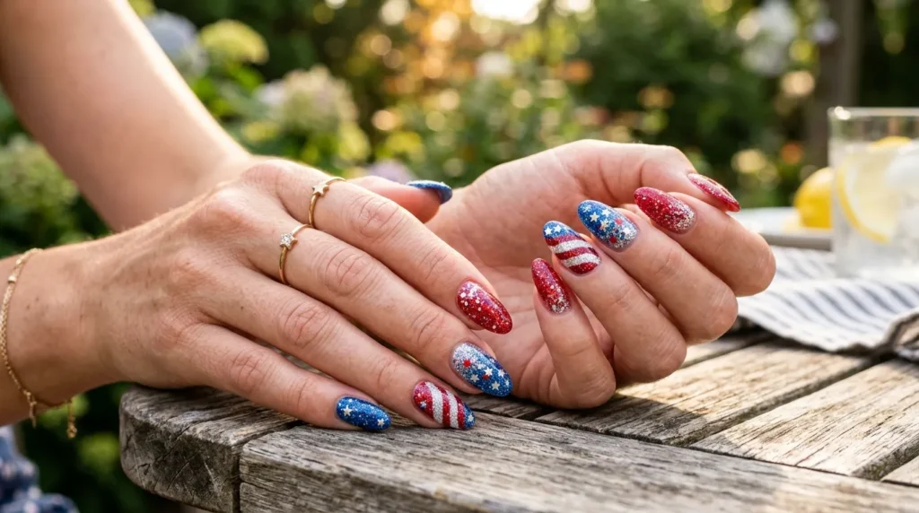 Glitter manicure with patriotic summer colors