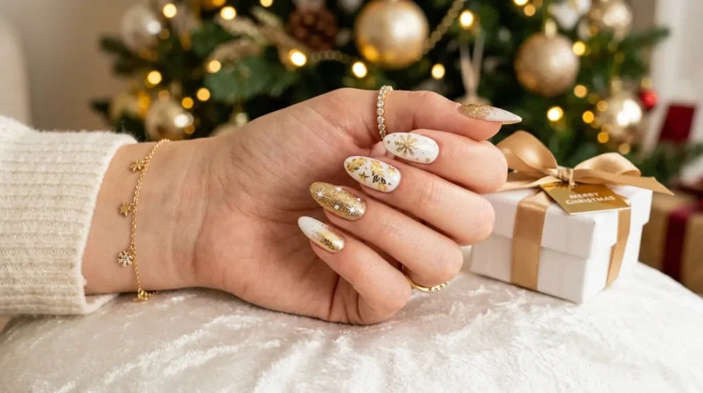 White manicure with gold accents for holiday season