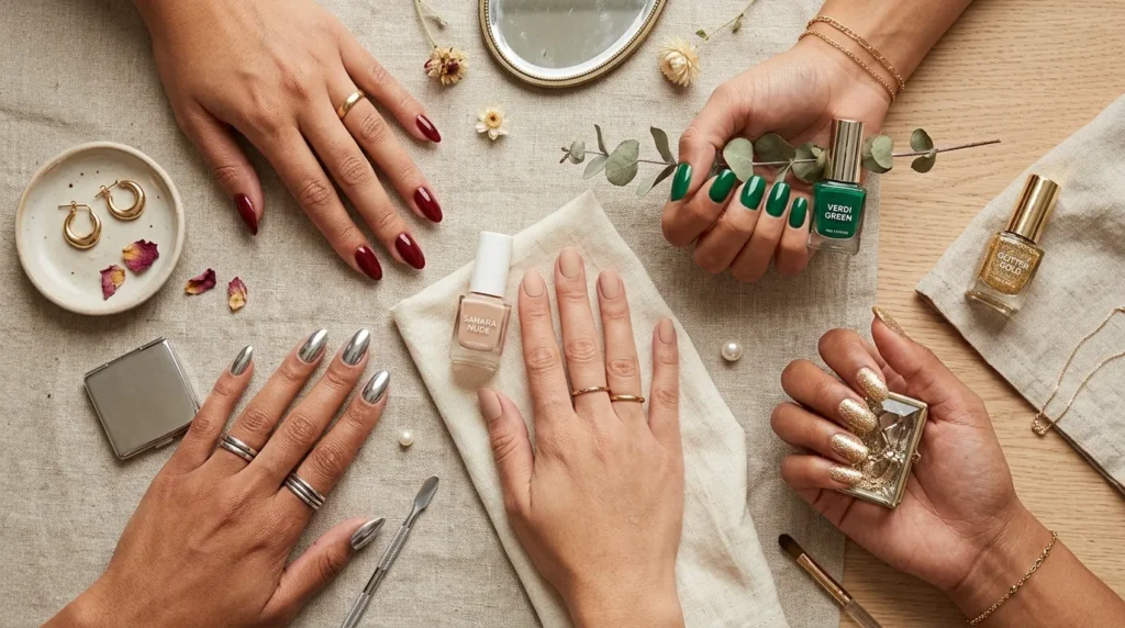 Different holiday manicure shades including red green nude and silver
