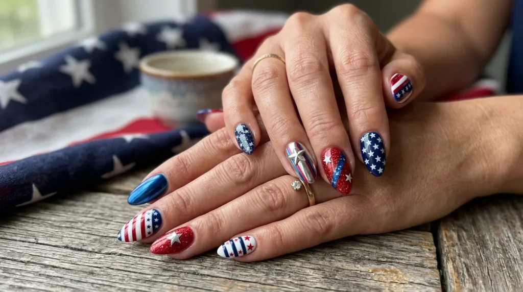 Mixed patriotic manicure with stars stripes and glitter accents