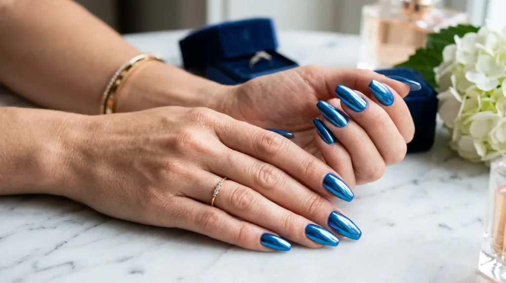 Chrome blue manicure for holiday celebrations