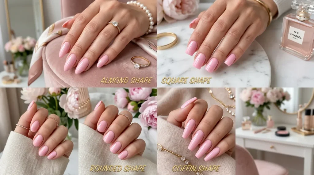 Cute baby pink nails on short rounded shape