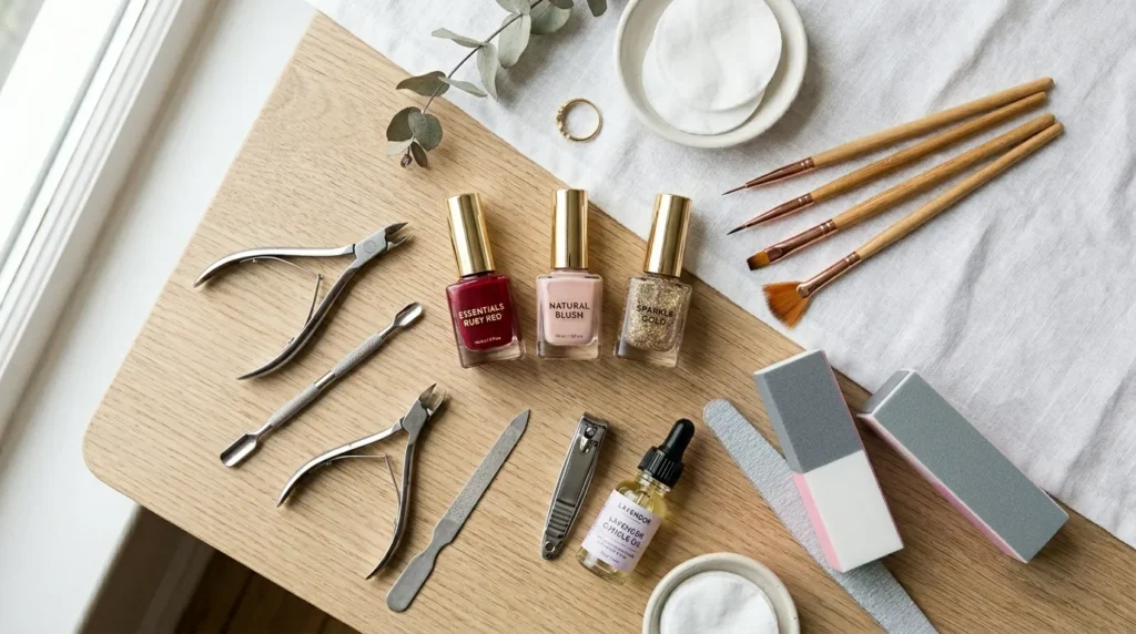 Manicure tools arranged for holiday nail designs