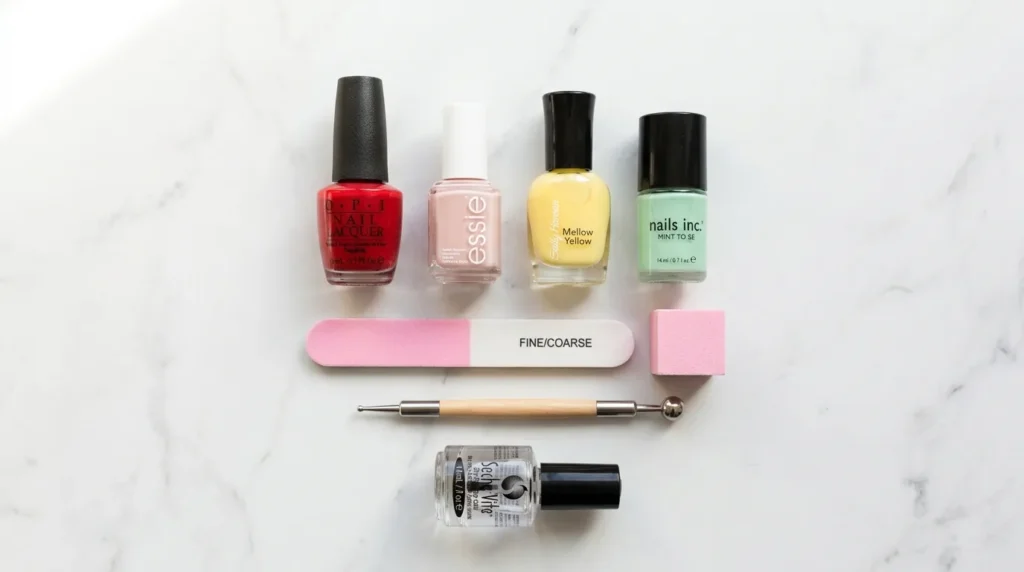 Manicure tools arranged for festive nail application