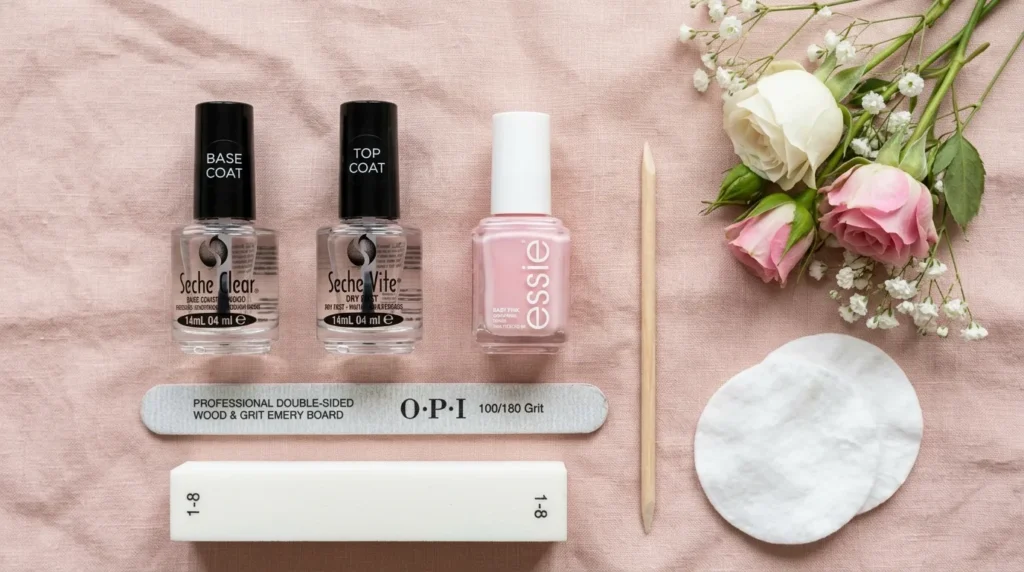 Cute baby pink nails on short rounded shape