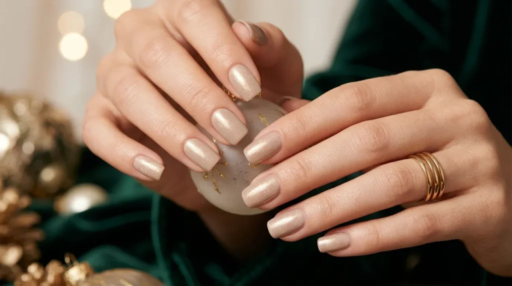 Neutral winter manicure with soft shimmer