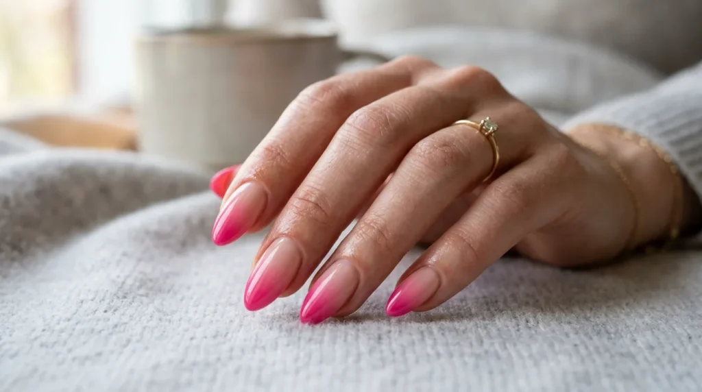 Soft pink gradient manicure with glossy effect