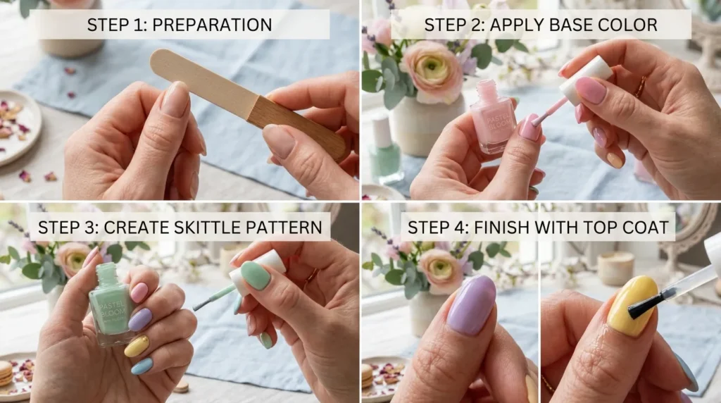 Applying pastel spring manicure at home