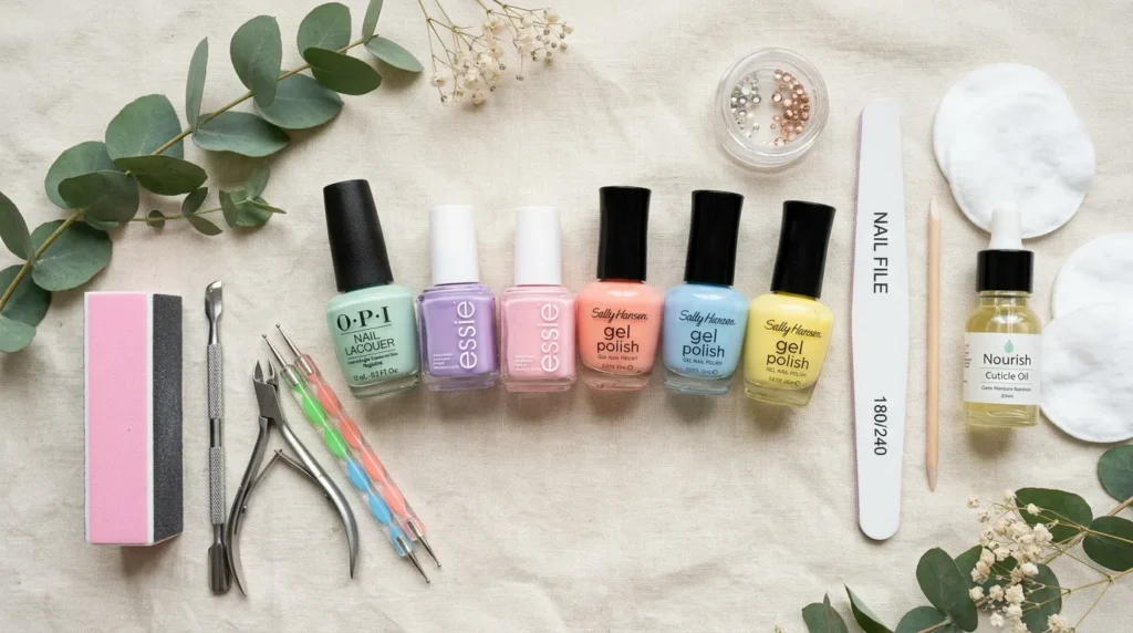 Manicure tools arranged for spring nail art
