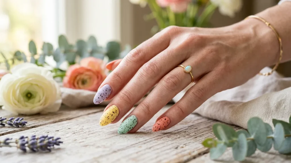 Speckled pastel manicure inspired by Easter eggs