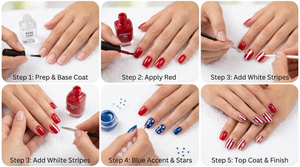 Applying patriotic manicure at home step by step