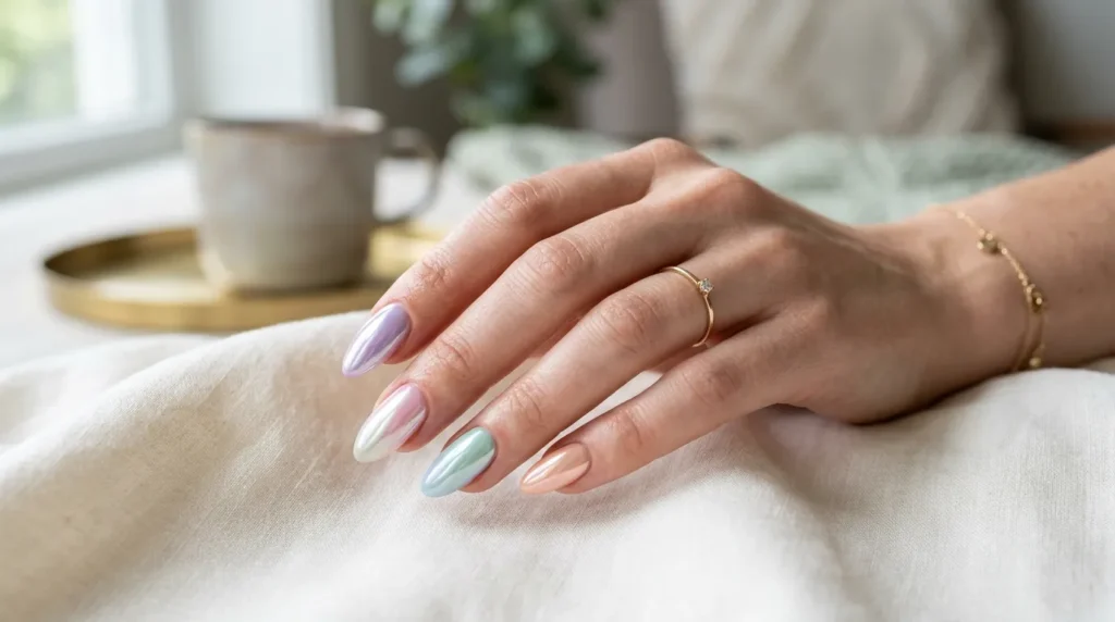 Pearl chrome manicure with pastel spring shades