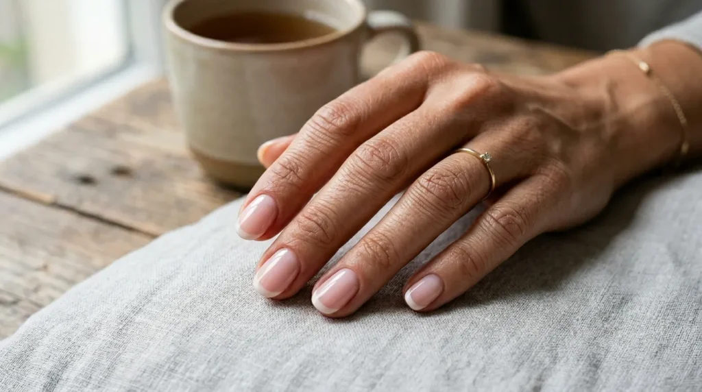 Rounded nails with natural soft pink French manicure