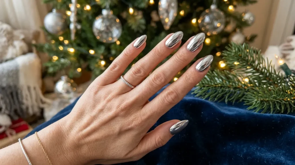 Silver chrome manicure for winter season