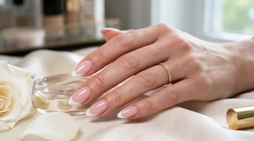 Almond shaped French manicure with soft pink polish