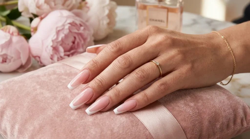 Long coffin nails with elegant French manicure