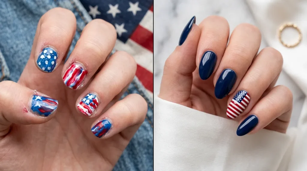Comparison between messy and polished patriotic manicure