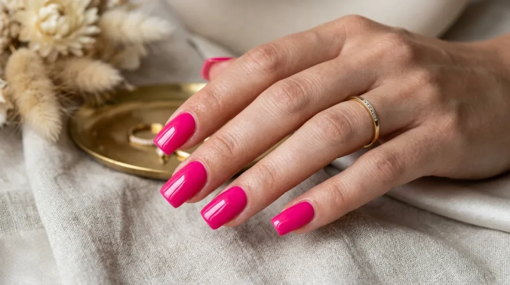 Modern square manicure with vibrant pink shade