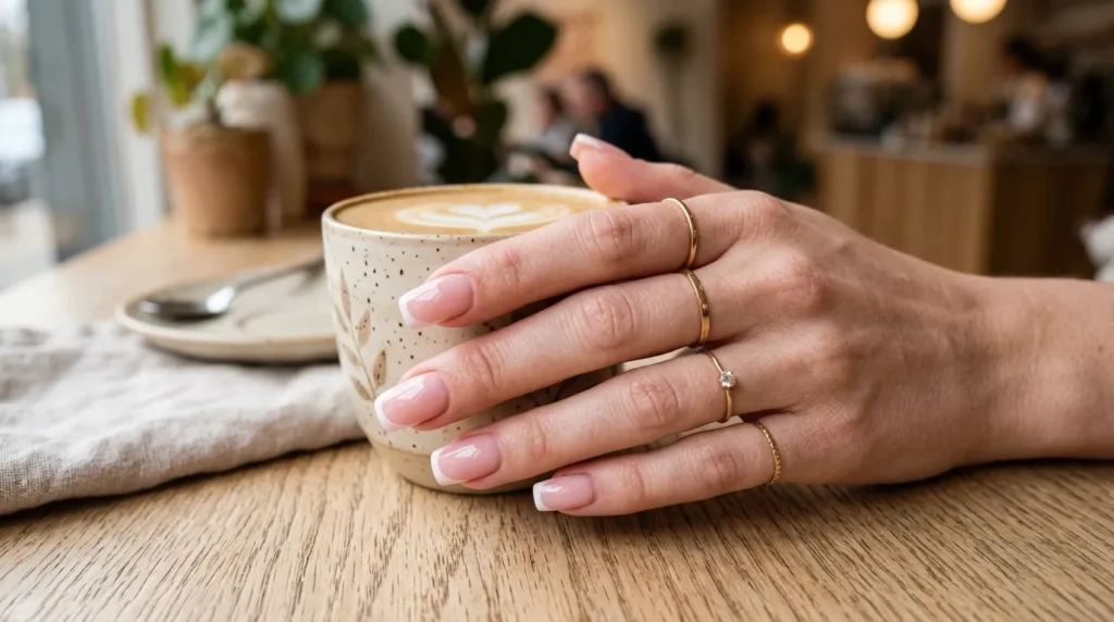Square shaped nails with classic French manicure