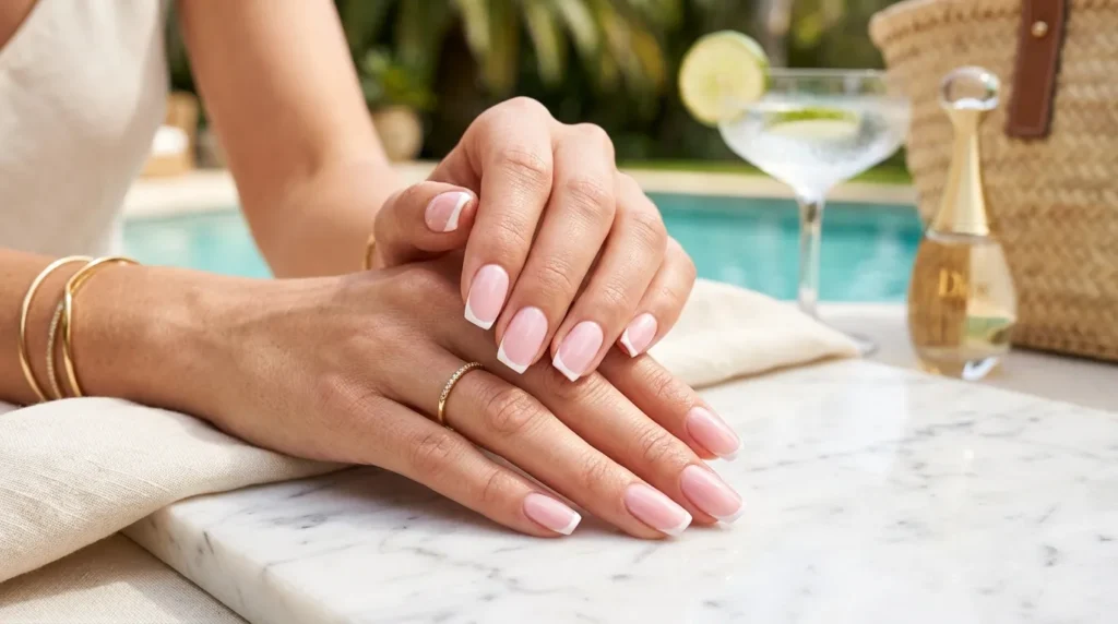 Glossy summer French manicure with pink tones