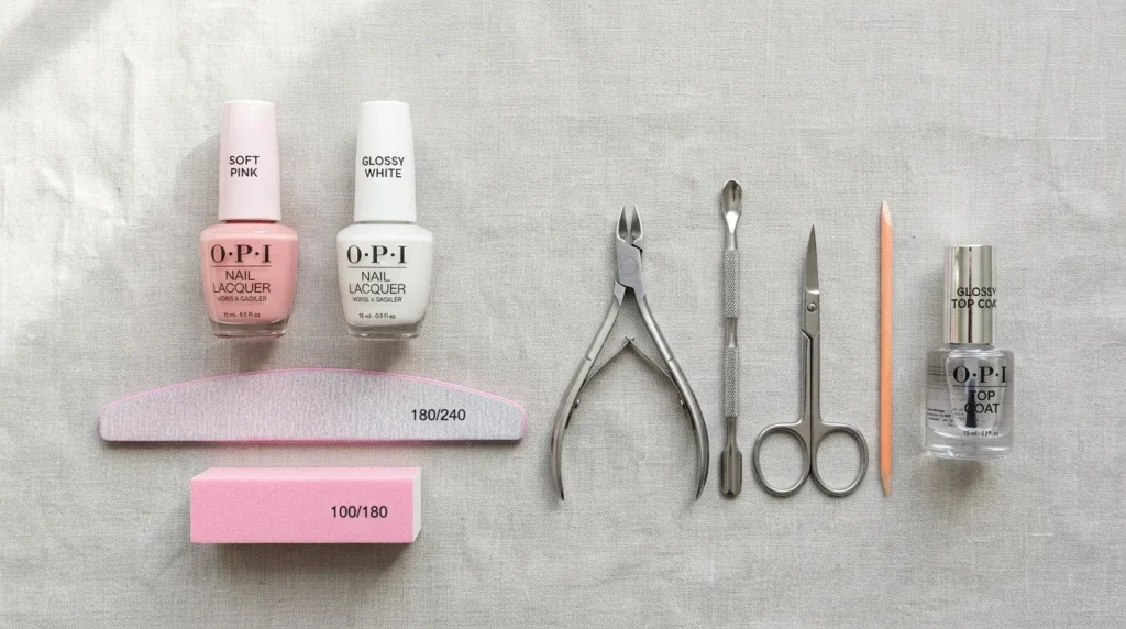 Basic manicure tools arranged neatly on clean surface