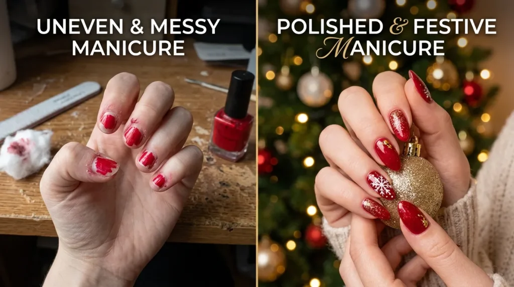 Comparison between messy and neat festive manicure