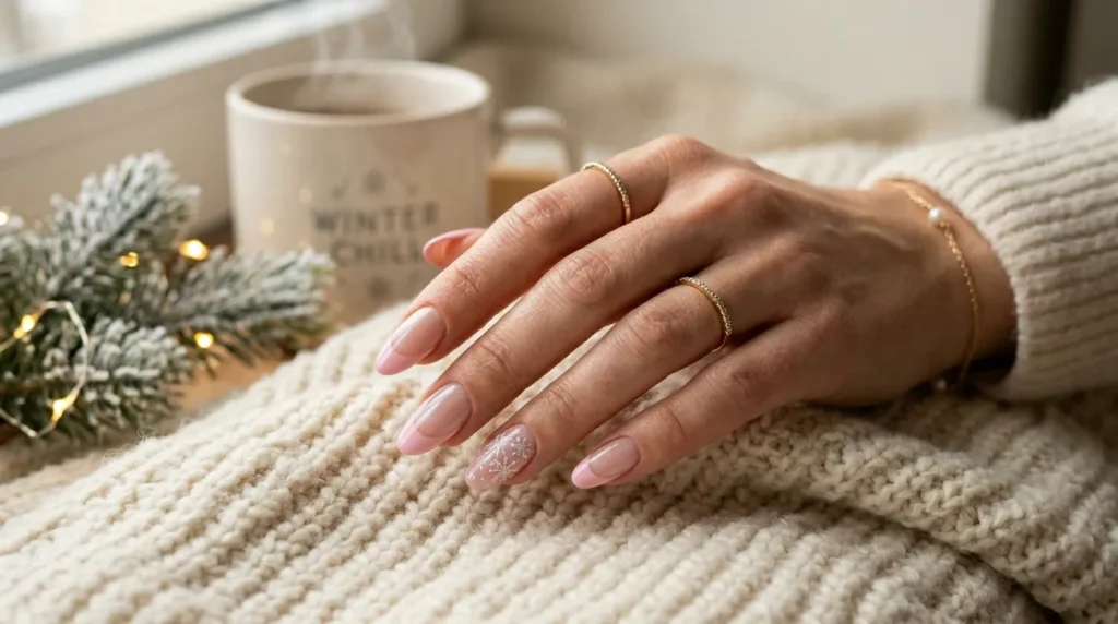 Winter manicure with chrome pink French tips