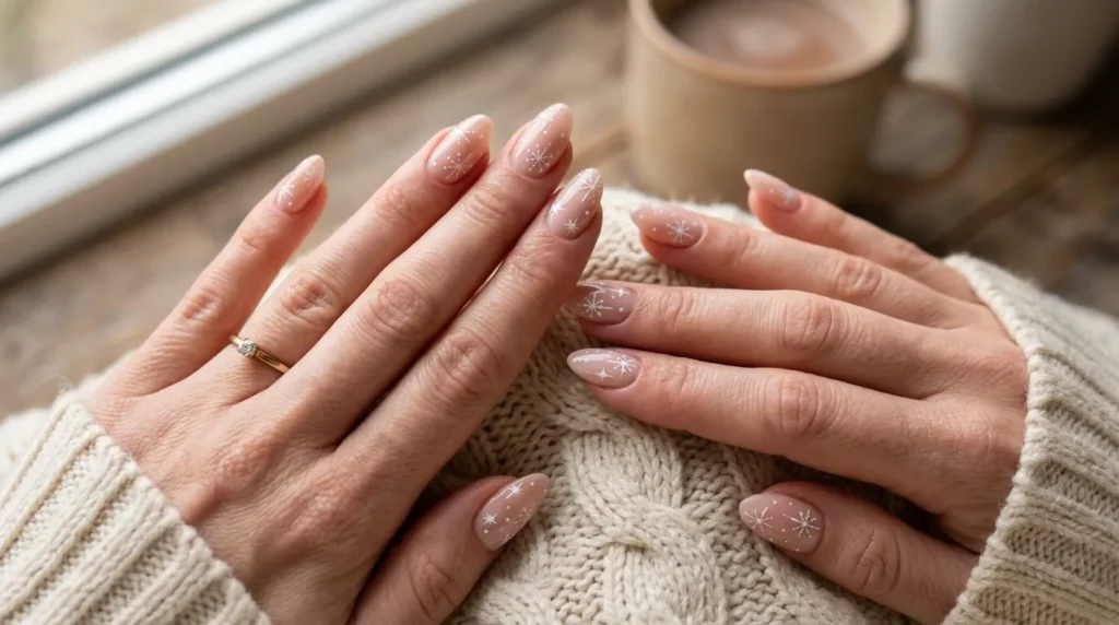 White snowflake nail art on winter manicure